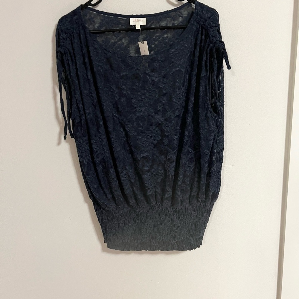 NWT Anthropologie Deletta Navy Blue Loretta Knit Lace Mesh Sheer Banded Hem Top - Picture 9 of 10